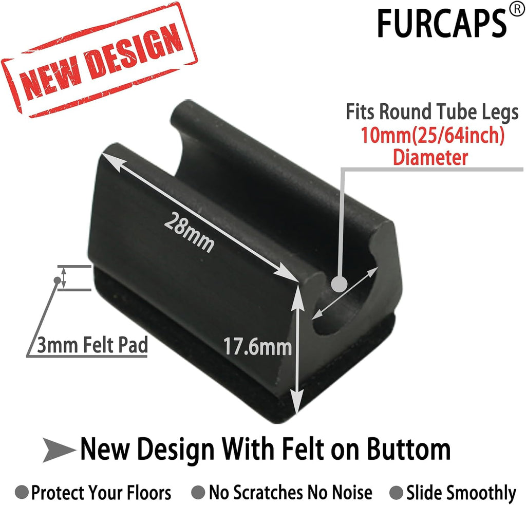 Rectangle U Shaped Chair Leg Tips Cap with Felt Pads,Furniture Feet Protectors Slide Smoothly Glides,Protect Hardwood Floor No Scratches No Noise,Fit 10mm(25/64inch) Diameter Tubular Legs (Black 8PCS)