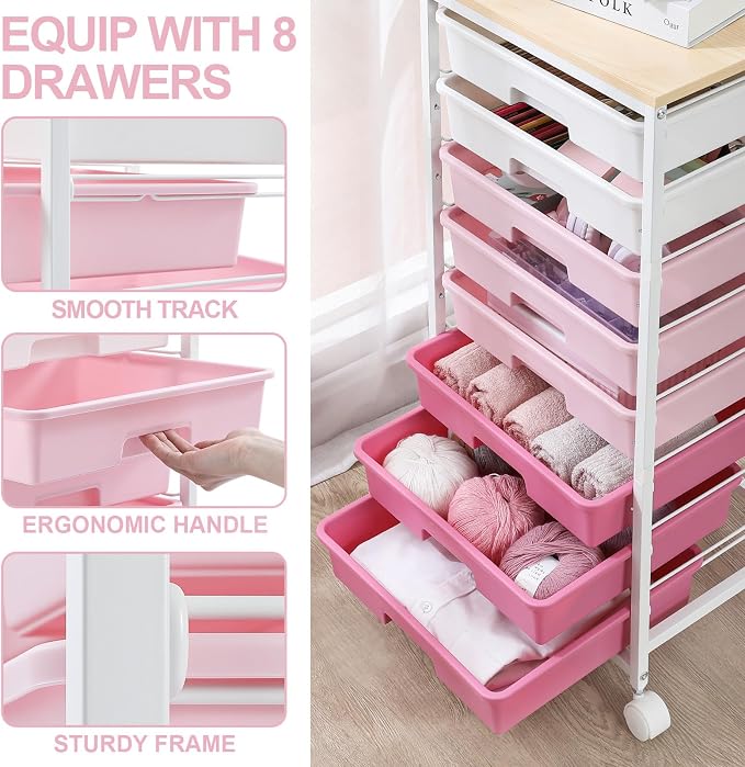 Rolling Cart with Drawers, Storage Cart with 8 Drawers and Wooden Tabletop - Image 3