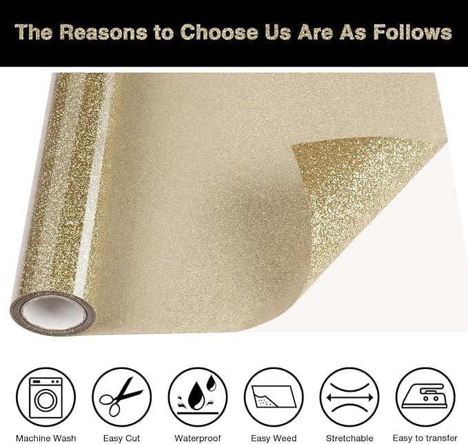 Champagne Glitter HTV Heat Transfer Vinyl Roll 12inch x 10 ft - Image 3