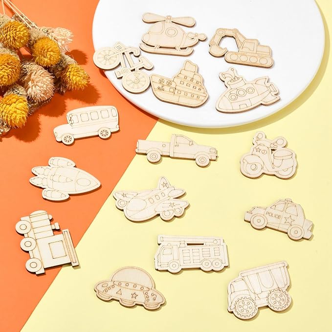 100 pcs Mixed Styles Transportation Theme Undyed Wood Cutout Charms Car Vehicle - Image 6