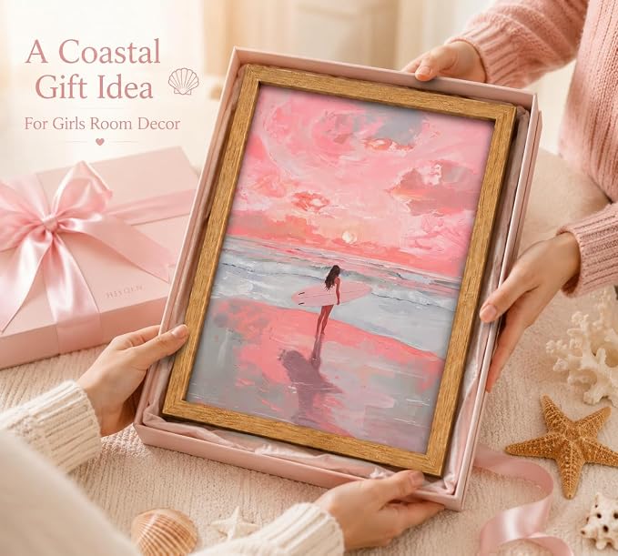 Framed Pink Surfer Girl Canvas Wall Art, Abstract Pastel Beach Ocean Painting - Image 8