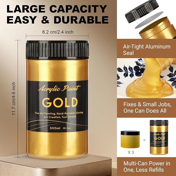 300ml Gold Metallic Acrylic Paint, Non Toxic Waterproof Gold Metallic Acrylic - Image 2