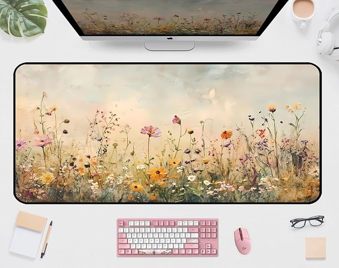 Beige Watercolor Flower Desk Mat, Oil Painting Style Desk Matt, Plant Flower by Unknown