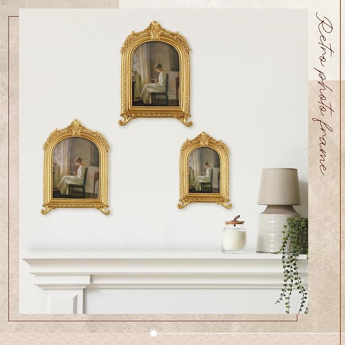 Wonderjune 3 Pcs Vintage Picture Frames Antique Set Baroque Ornate Gold Arched - Image 6