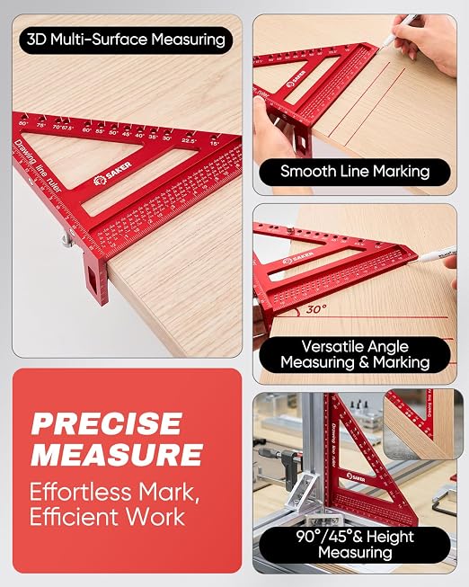 Saker 8.5Inch 3D Multi-Angle Measuring Square Ruler, Aluminum Alloy Carpenter - Image 3