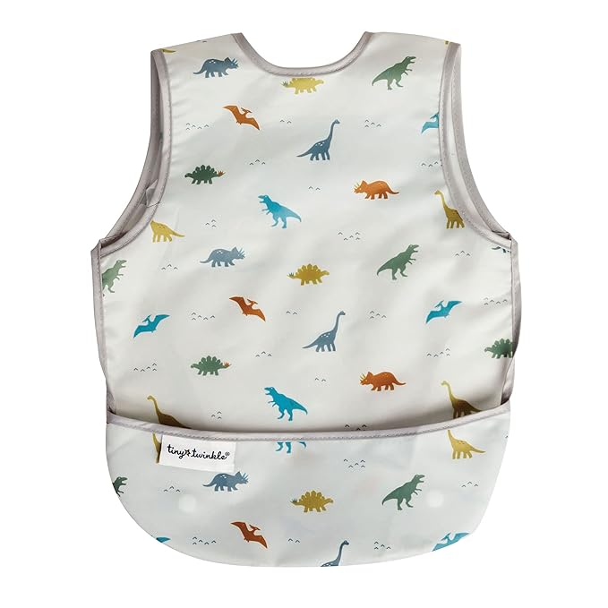 Tiny Twinkle Short Sleeve Apron Baby & Toddler Bib for Boys – Waterproof, Mess-Proof Bibs for Eating & Feeding, Machine Washable, Perfect Holiday Gift (Dinosaur, 2-4Y)