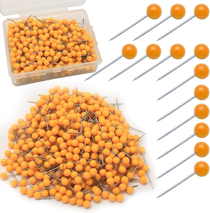 Orange Map Pins, 1/8 Inch, Round Ball Head | Map Tacks, Push Pins by Auvotuis