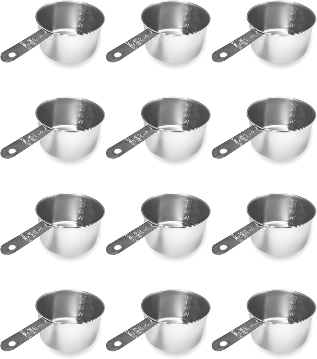 1 Cup Stainless Steel Measuring Cup | Sturdy Metal 250 ml | 240 cc | 8 oz | Single Cup for Wet and Dry Ingredients | Great for use as 1 Cup Dog Food Scoop - 12 PK