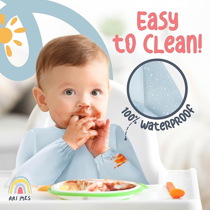 ARI MES Long Sleeves Waterproof Baby Bibs for Eating - Dinosaur, Medium- Wearable, Coverall for Toddler, Long Sleeve Bib, Smock Apron for Feeding - Applicable for 6-72 Months