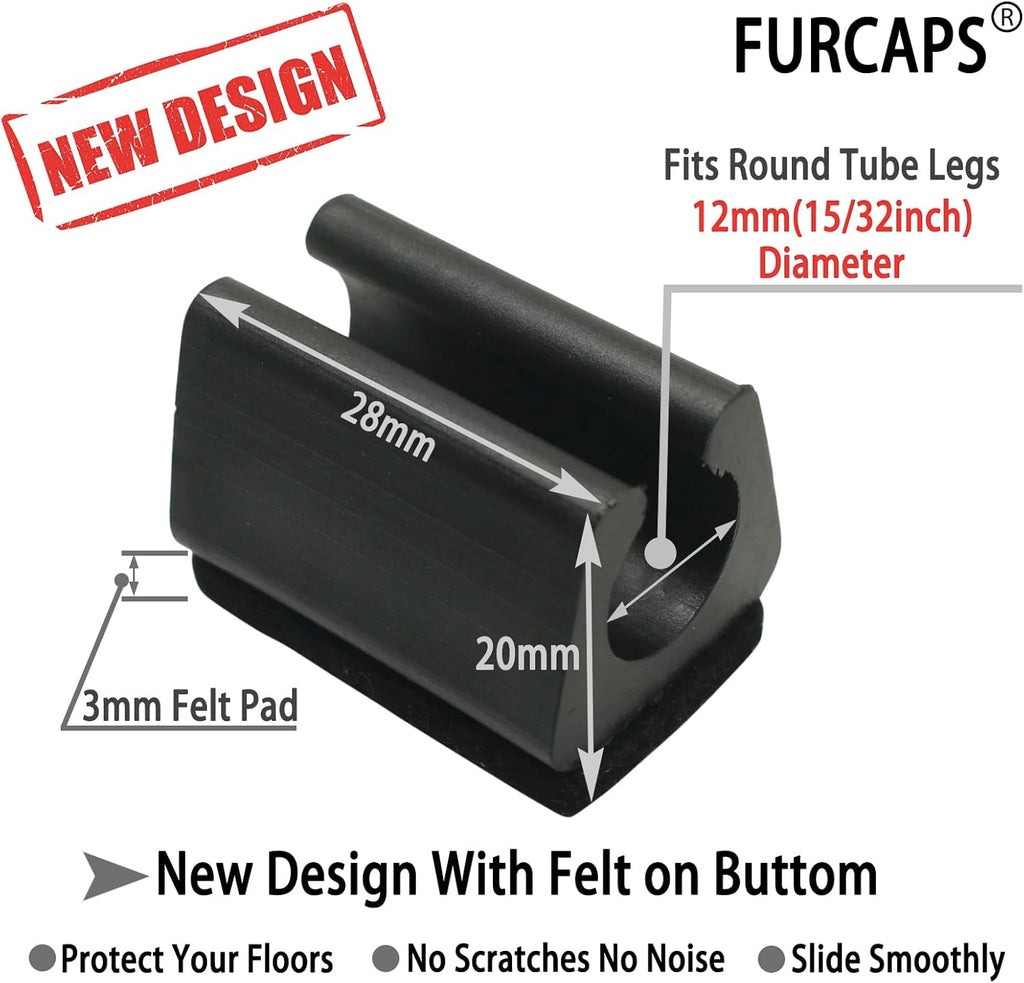 Rectangle U Shaped Chair Leg Tips Cap with Felt Pads,Furniture Feet Protectors Slide Smoothly Glides,Protect Hardwood Floor No Scratches No Noise,Fit 12mm(15/32inch) Diameter Tubular Legs (Black 8PCS)