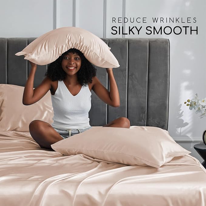 MR&HM Satin Bed Sheets, Twin Size Sheets Set - Image 3