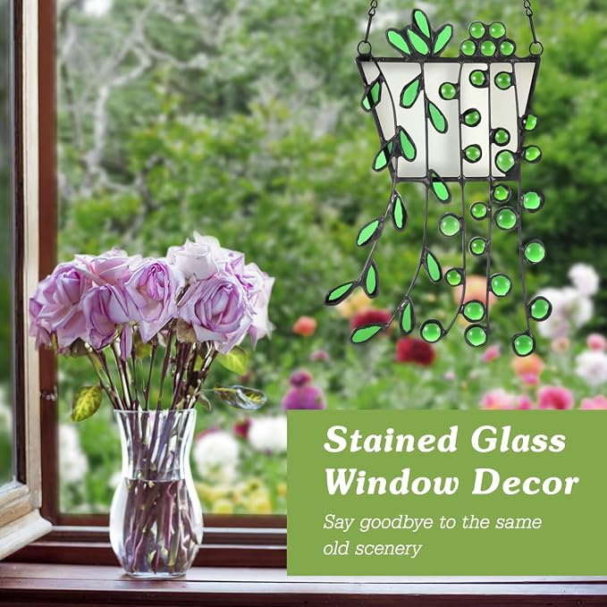 Lewondr Plant Stained Glass Window Hanging, Handcrafted Stained Glass Panels - Image 2