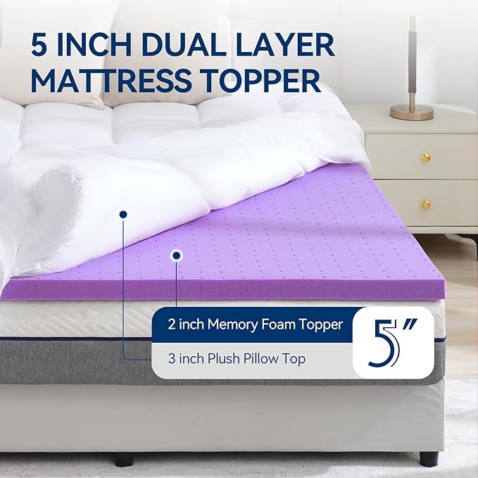BDEUS Dual Layer 5 Inch Memory Foam Mattress Topper Full Size, 2 Inch Gel - Image 2