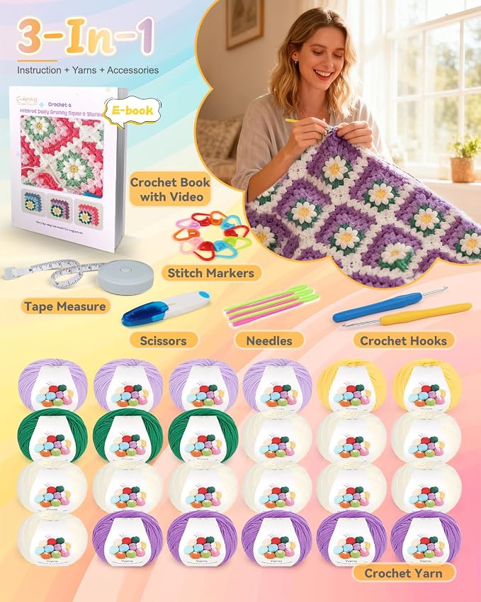 Coopay Blanket Crochet Kit for Beginners, All-in-One Granny Square Blanket Kit - Image 6