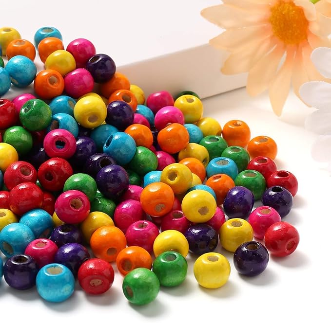 600Pcs Colorful Wooden Beads Large Hole Round Paint Beads Bulk Natural Wood Bead by HERZWILD