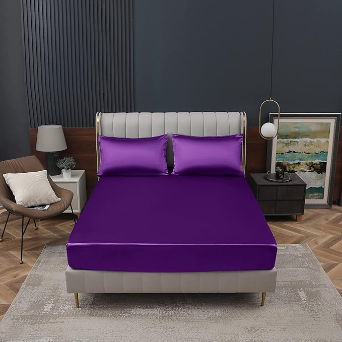 Homiest Purple Satin Fitted Twin XL Size Bed Sheet, Deep Pocket, Luxury & Ultra - Image 2