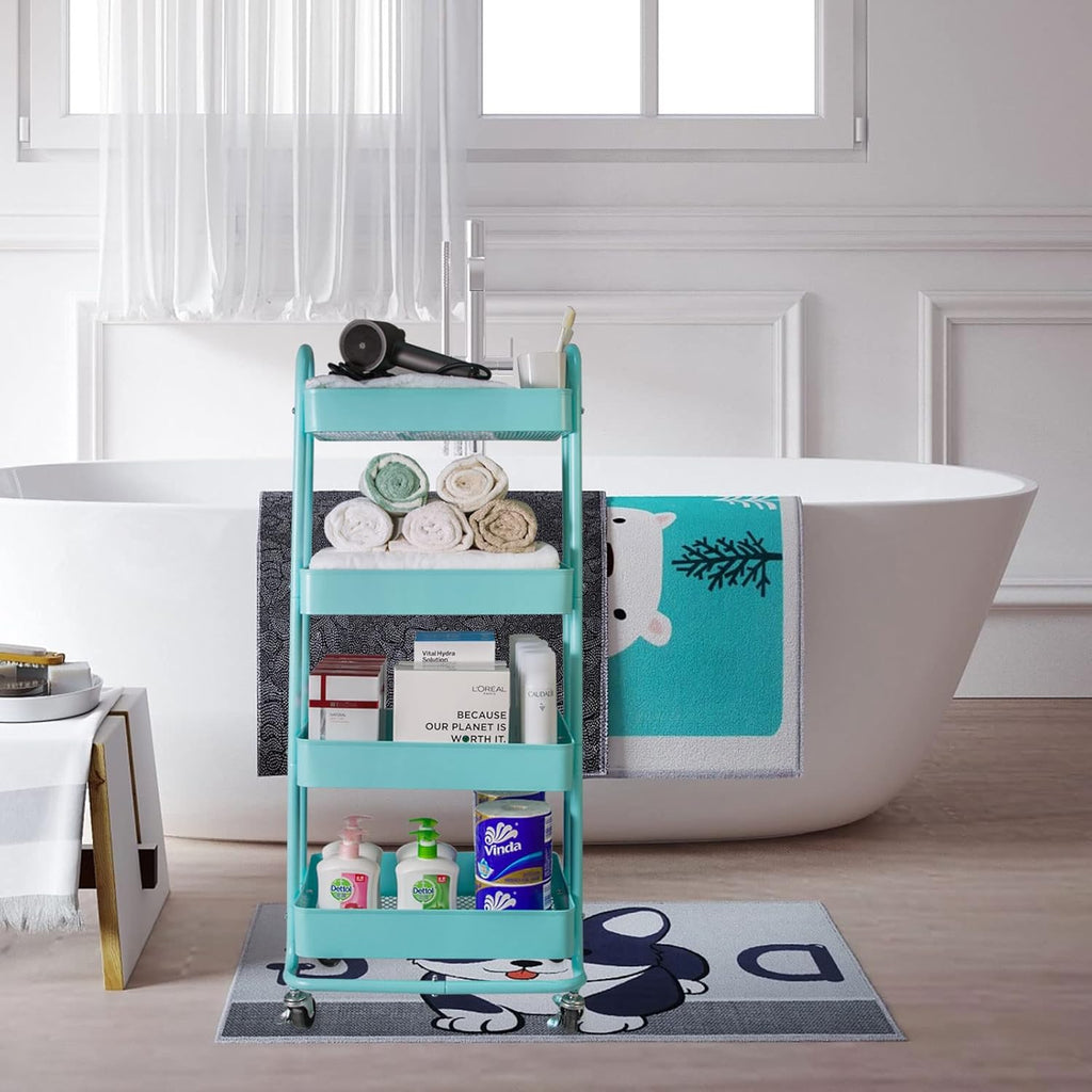 elabo 4-Tier Metal Mesh Utility Rolling Cart, Storage Organizer Trolley Services Cart with Lockable Wheels for Kitchen, Bathroom, Living Room (Blue)