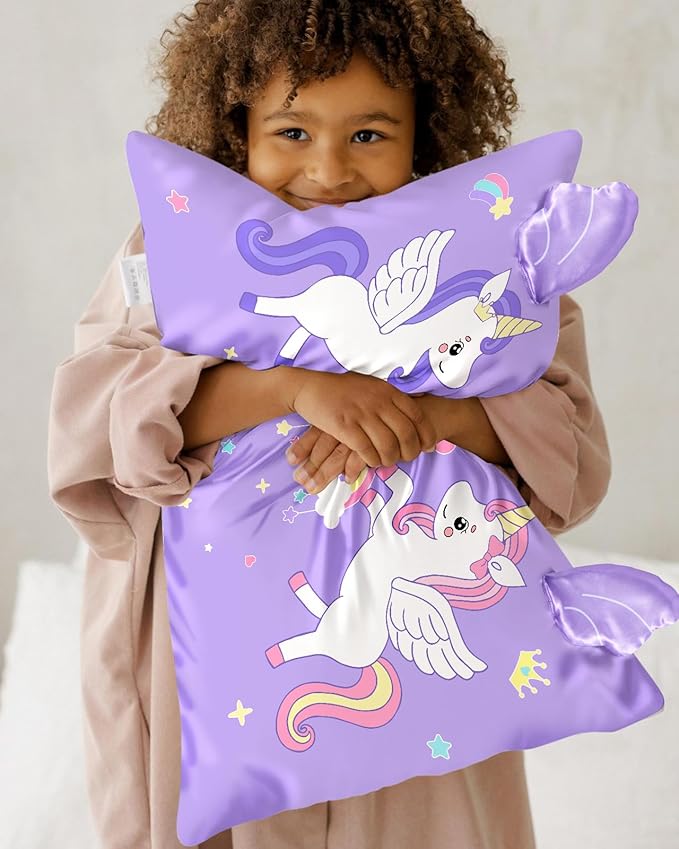 Toddler Pillowcases 13"x18" for Kids - Cute Cartoon Soft Breathable Silk Pillow Cases for Hair and Skin with Hidden Zipper for Girls Fun Kawaii Design for Bedding, Two Unicorns
