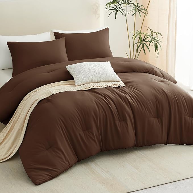 CozyLux King Size Comforter Set Brown, 3 Pieces Solid Comforters King Size - Image 8
