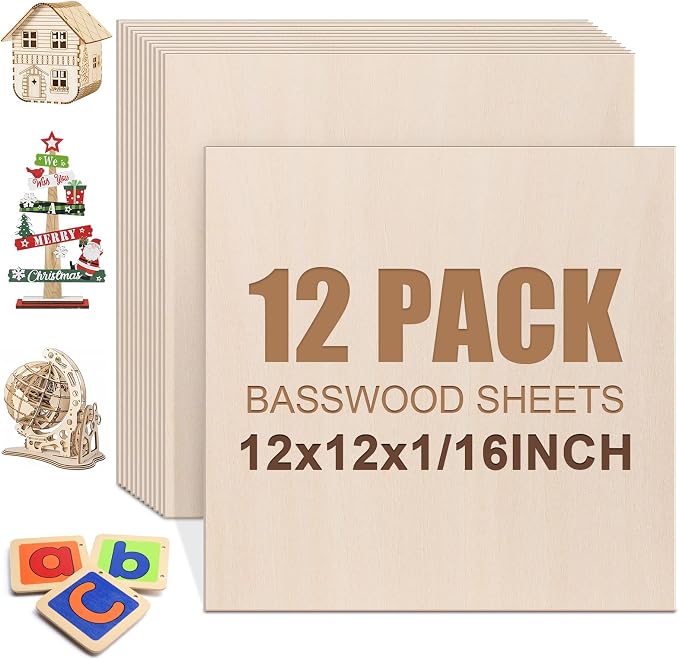 12 Pack Basswood Sheets 1/16"x12"x12", Balsa Wood Sheet by VKIZA