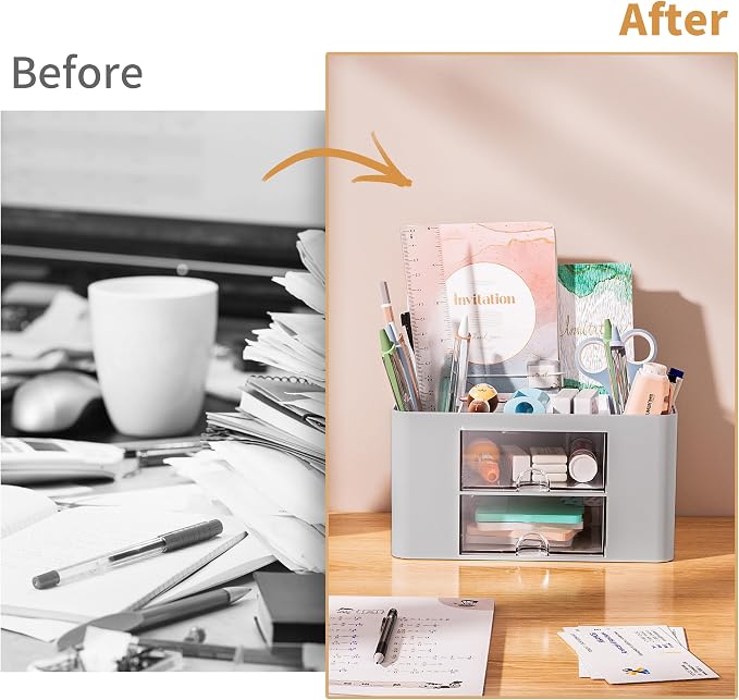 Marbrasse Pen Organizer with 2 Drawer, Desk Organizers and Accessories with 5 - Image 7