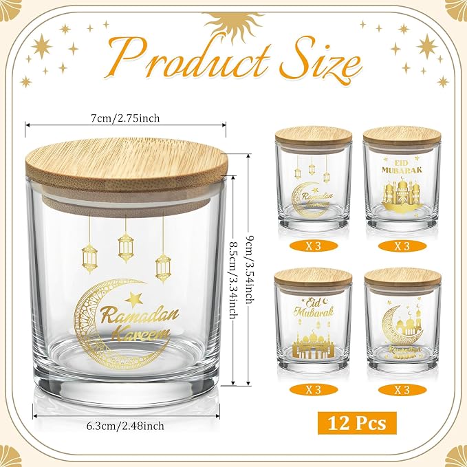 Cinrobiye 12 Pcs Ramadan Mubarak Candle Making Jars 7oz Glass Containers - Image 2