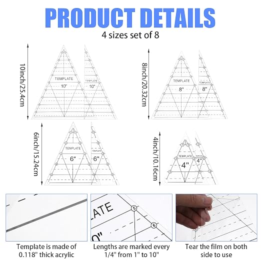 8 Pcs Tall Triangle Ruler for Quilting 4 6 8 10 Inch Acrylic Template Rulers - Image 2