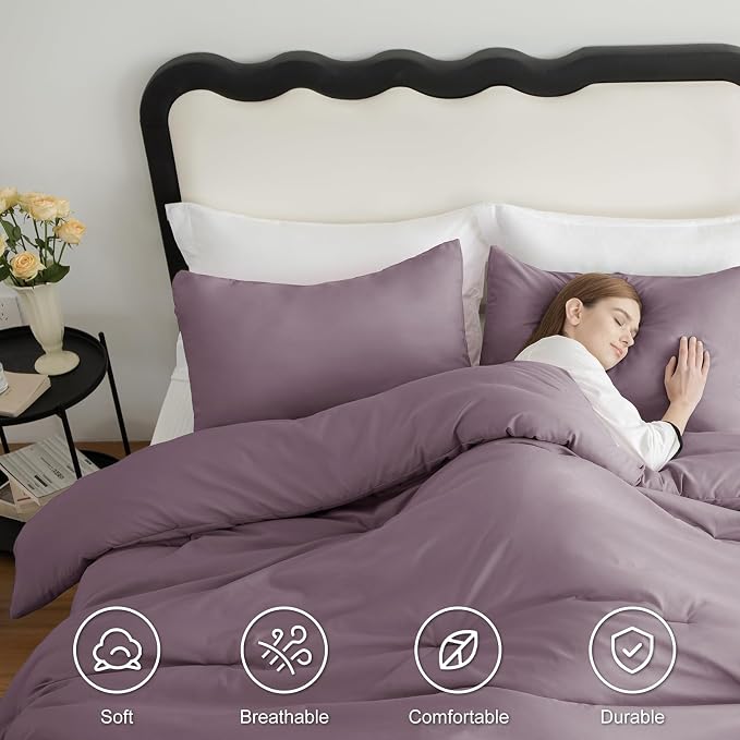 CozyLux Full Size Comforter Set Dusty Purple, 3 Pieces Solid Breathable Bedding - Image 5