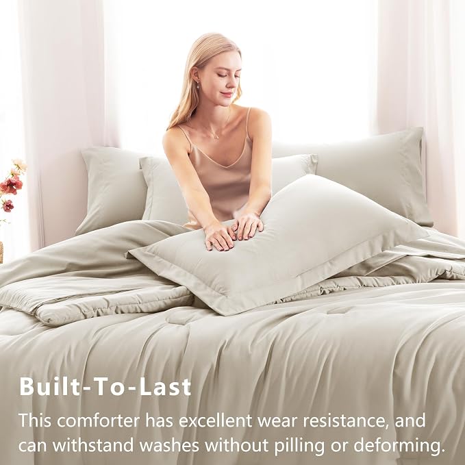 CozyLux Queen Comforter Set Beige, 7 Pieces Bed in a Bag Queen Comforter Set - Image 3