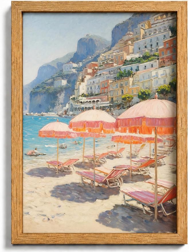 Framed Pink Umbrella Coastal Canvas Wall Art, Beach Scene Painting Picture Wall by HJYQLN