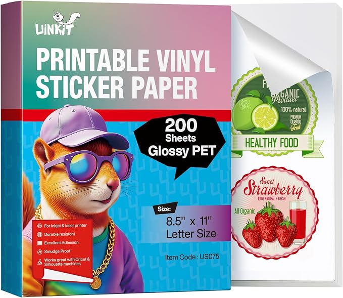 Uinkit Glossy PET Vinyl Sticker Paper Letter Size 8.5x11", Tear-Resistant & by UinkitHandicraftsandConservationSpecialist