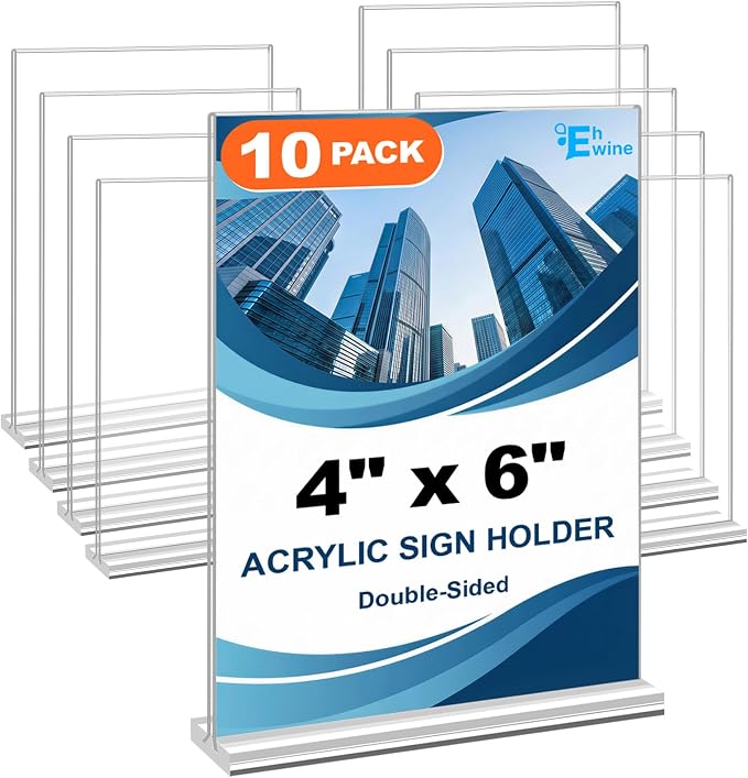 EHWINE 10 Pack Acrylic Sign Holder 4x6, Double-Sided Stand up Table Top Sign by EHWINE