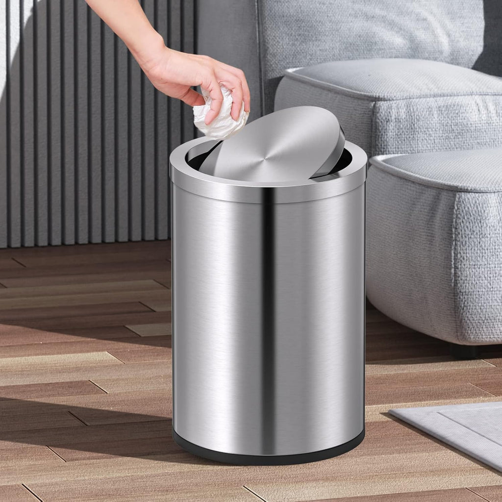 Mbillion Small Trash Can with Swing Lid 4 Gallons/15 Liter, Mini Trash Can with lid, Stainless Steel Cylindrical Garbage Can for Home and Office, for Ground and Desktop(Brushed Silver)