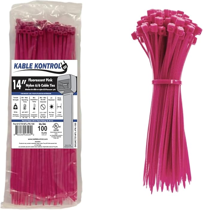 Kable Kontrol Fluorescent Pink Zip Ties 14 Inch 100 Pcs, 50 Lbs Tensile Strength by KABLEKONTROL%C2%AE