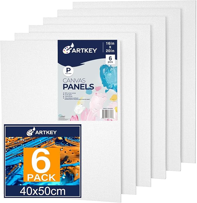 Artkey Canvases for Painting 16x20 Inch 6-Pack, 10 oz Primed 100% Cotton White by Artkey