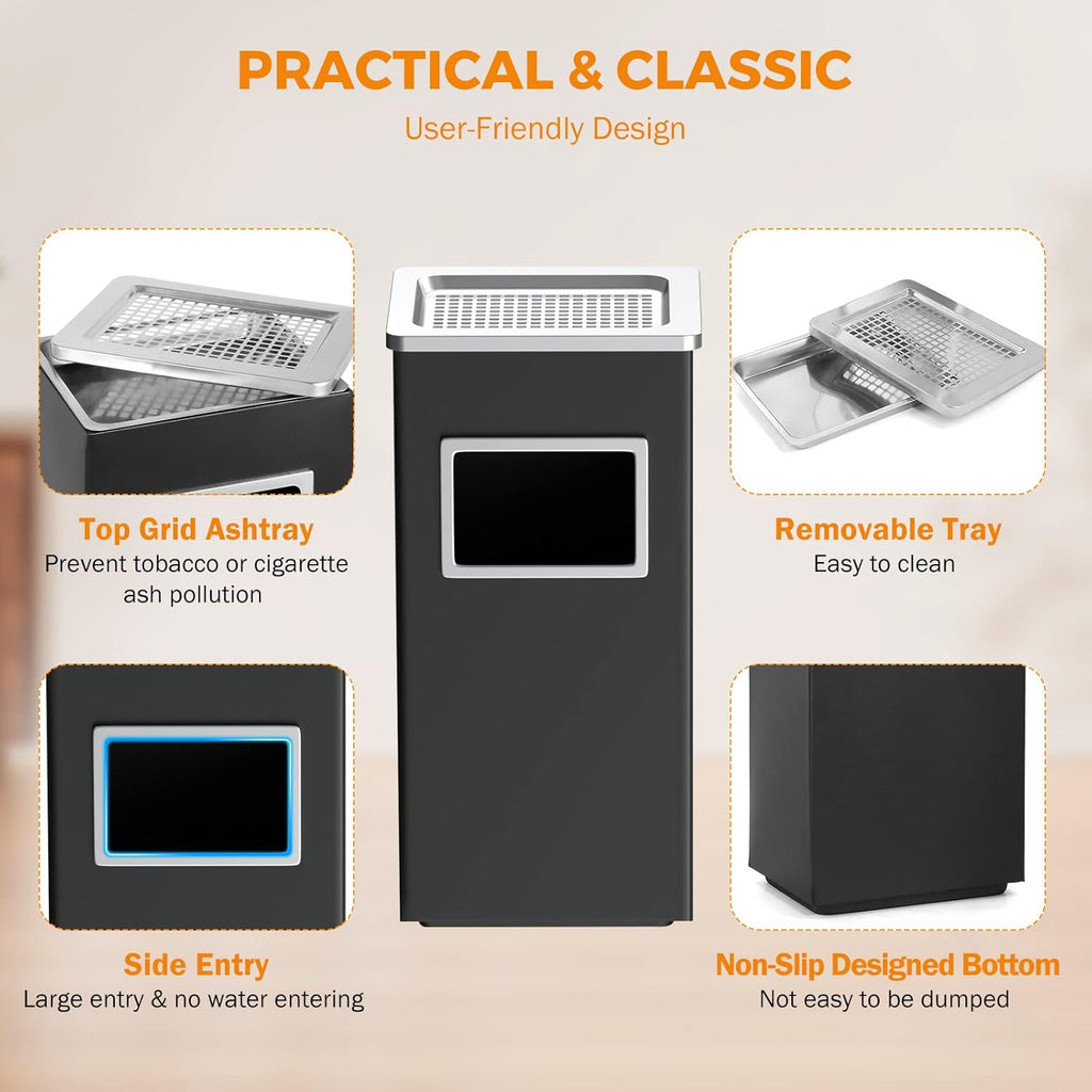 BEAMNOVA Trash Can Indoor Outdoor Black Stainless Steel Commercial Garbage Can Industrial Garbage Enclosure Inside Cabinet with Lid Waste Container, Black, 31 * 25 * 61 cm / 12.2 * 9.8 * 24 in