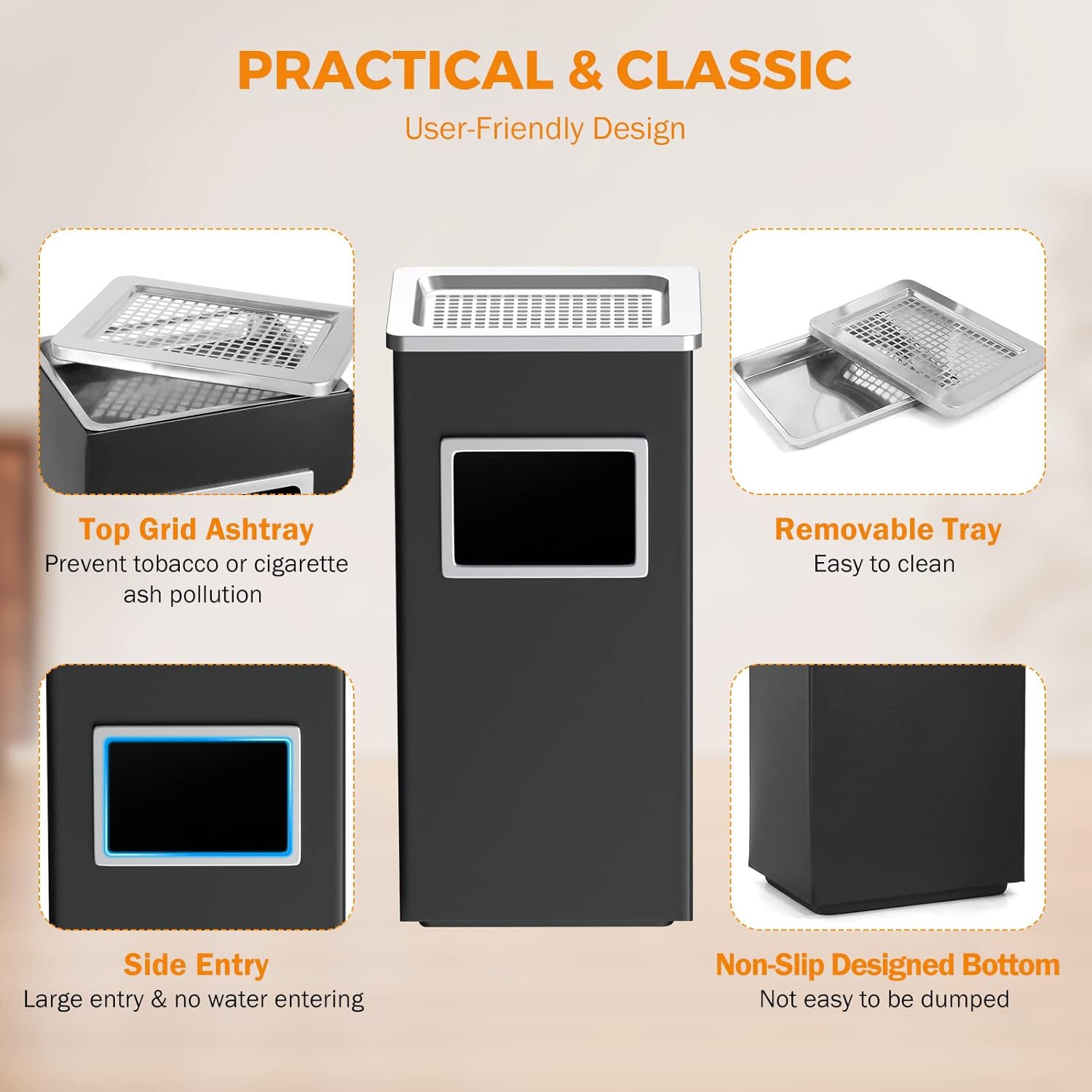 BEAMNOVA Trash Can Indoor Outdoor Black Stainless Steel Commercial Garbage Can Industrial Garbage Enclosure Inside Cabinet with Lid Waste Container, Black, 31 * 25 * 61 cm / 12.2 * 9.8 * 24 in