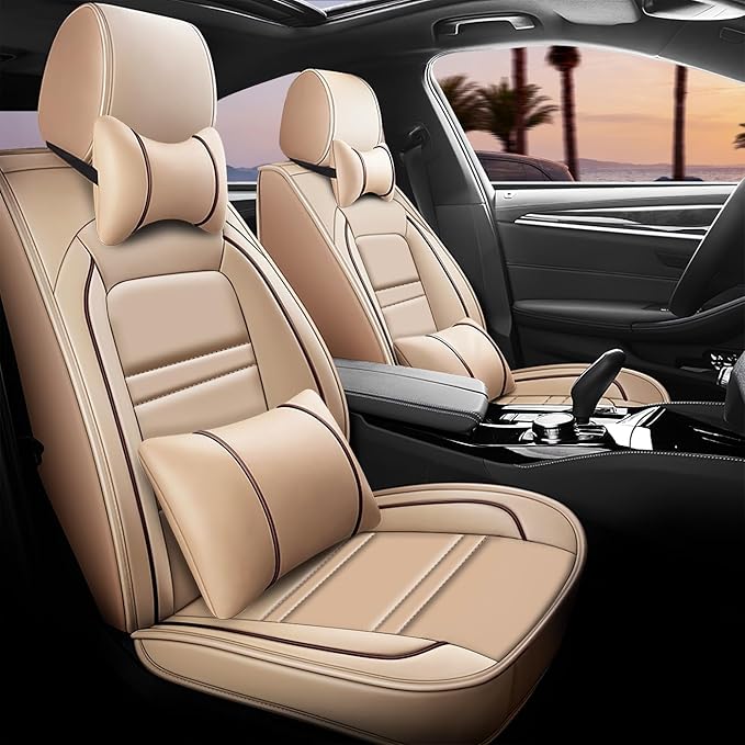 Car Seat Covers for Toyota Corolla 1997-2025 | 5-Seats Seat Covers, Waterproof Seat Protectors, Automotive Seat Covers (Full Set with Pillow,Beige)