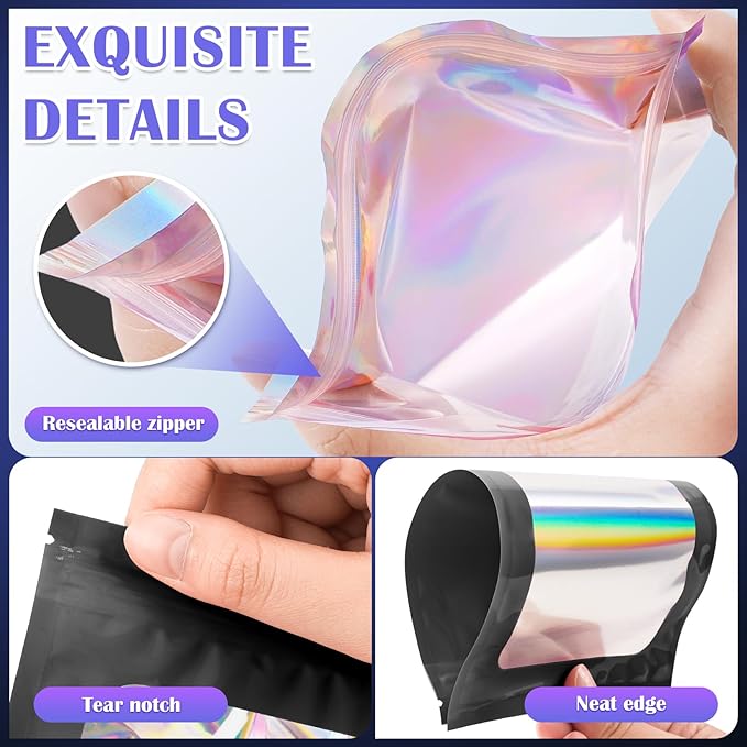 JETMORE 100 PCS Black Smell Proof Bag, Mylar Bags, Holographic Bags - Image 5