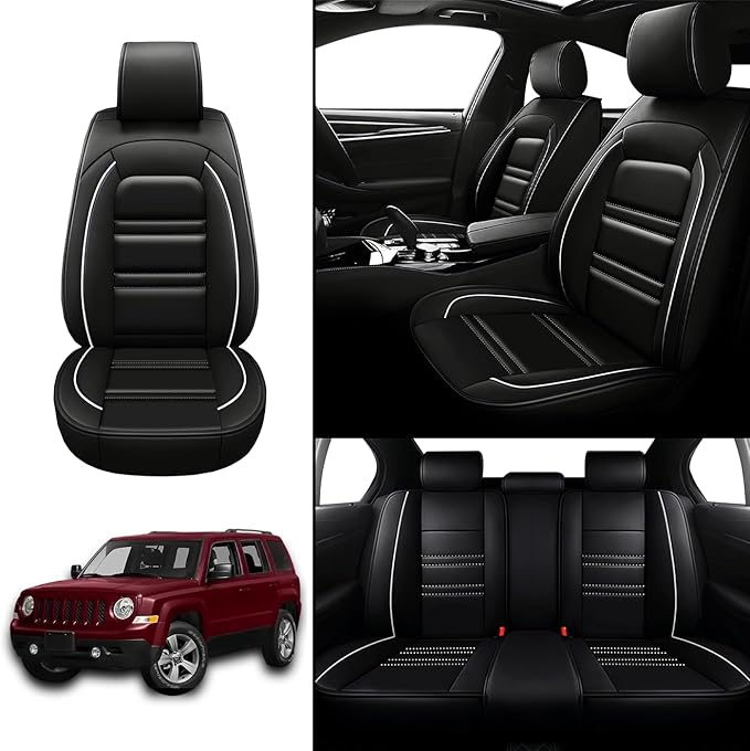 Seat Covers for JP Patriot 2009-2017 | 5-Seats Leather Seat Covers, Easy to Install Automotive Seat Covers Full Set (Full Set, Black&White Line)