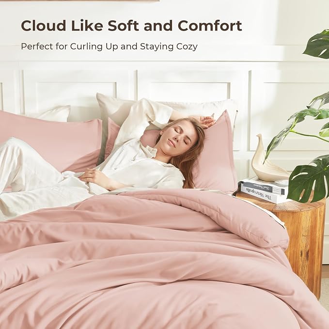 Litanika Pink Comforter Set King Size, 3 Pieces Blush Plain Bedding Comforter - Image 2