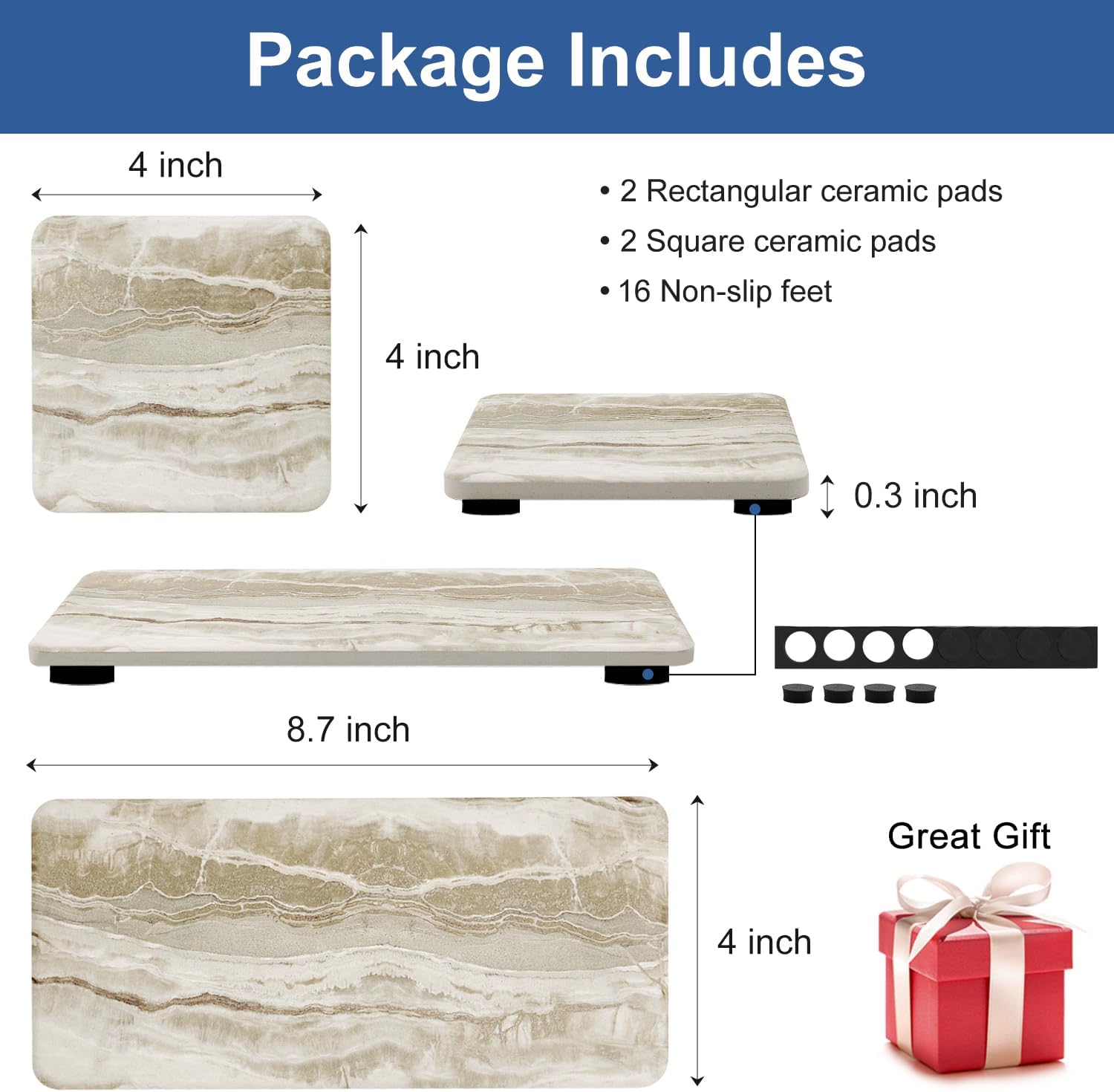 Set of 4 Drying Stone for Kitchen Counter Soap Tray Ceramic Bathroom Sink Trays Hand Soap Dish Stone Quick Dry Mat Toothbrush Sponge Holder Kitchen Sink Caddy Diatomite Coaster Bathroom Trays