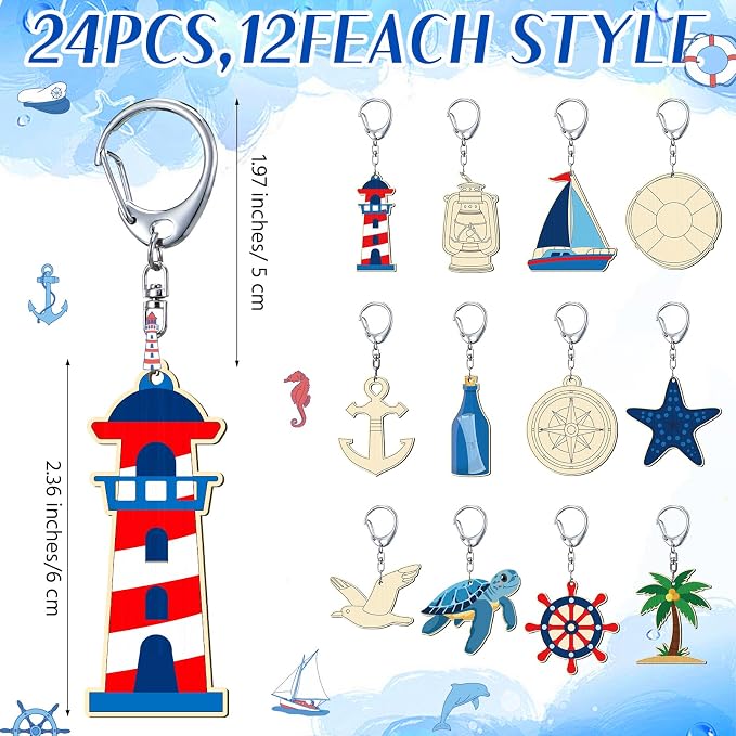 RattanView 24 Pcs Nautical Craft Color Your Own Keychains DIY Craft Wooden - Image 2
