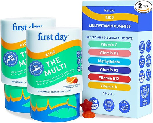 FIRST DAY Kids Multivitamin Gummies Age 4+, Strawberry & Orange - Kids Vitamins Multivitamin Gummy A C D3 K2 B1 B2 B6 B12 Folate, Immunity & Brain Function, Vegan - 60 Day Supply, Packaging May Vary