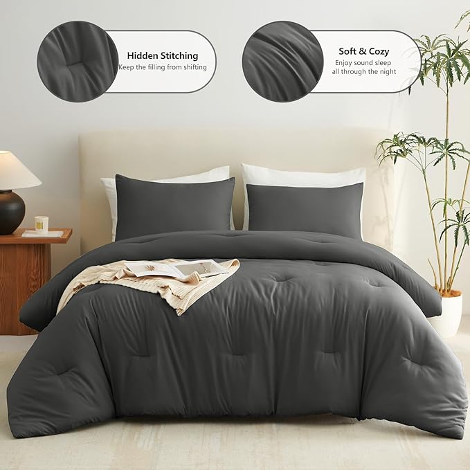 CozyLux Queen Comforter Set Dark Grey, 3 Pieces Solid Comforters Queen Size - Image 2
