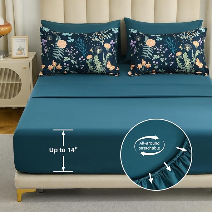 Yiran Comforter Set Queen Size, 7 Piece Peacock Blue Floral Comforters - Image 6