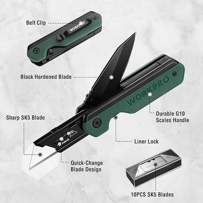 WORKPRO 2-in-1 Folding Knife/Utility Knife, Quick-Change Box Cutter - Image 3