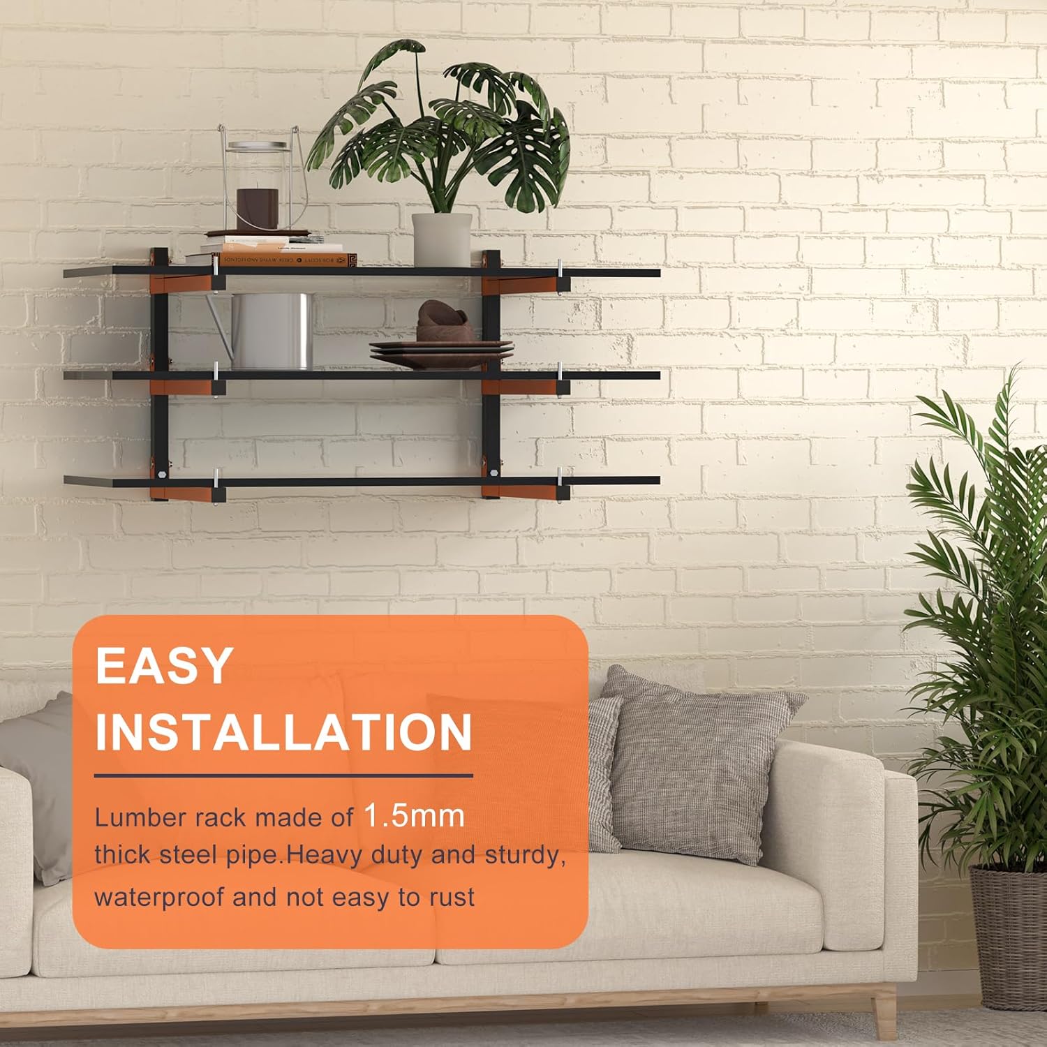 2 Pack Lumber Storage Rack, Wall Mount Wood Storage Racks, Heavy Duty 3-Level System Lumber Metal Racks, 360 LBS Sturdy Garage Wood Organizer, Indoor and Outdoor