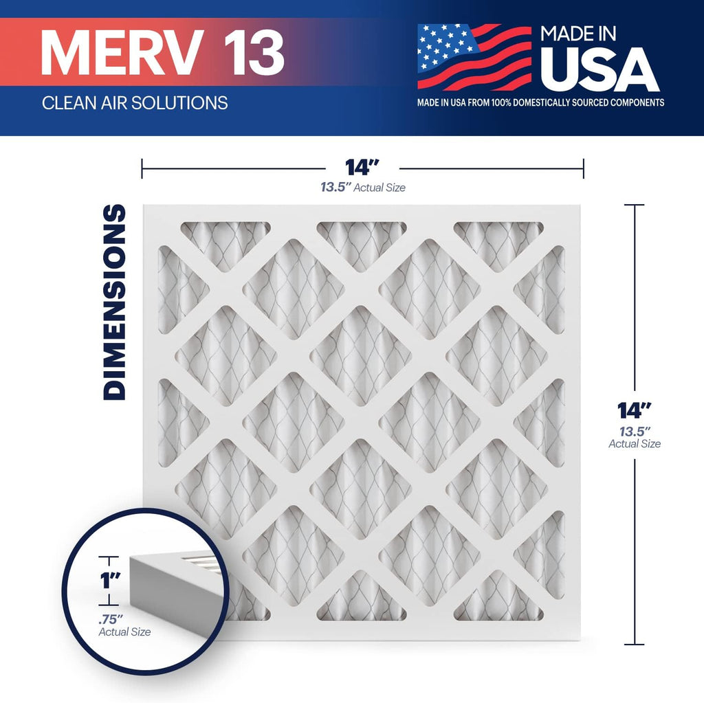 BNX TruFilter 14x14x1 Air Filter MERV 13 (6-Pack) - MADE IN USA - Electrostatic Pleated Air Conditioner HVAC AC Furnace Filters for Allergies, Pollen, Mold, Bacteria, Smoke, Allergen, MPR 1900 FPR 10