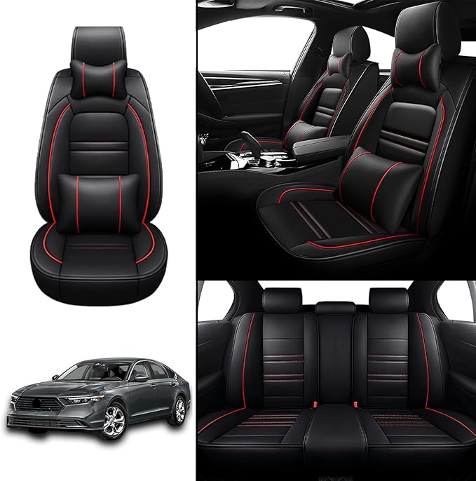 Car Seat Covers for Honda Accord 2003-2025 | 5-Seats Seat Covers, Waterproof Seat Protectors, Automotive Seat Covers (Full Set with Pillow,Black&Red Line)
